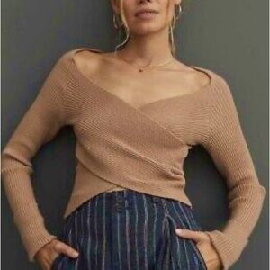 Anthropologie Tan Criss/Cross Cropped Sweater